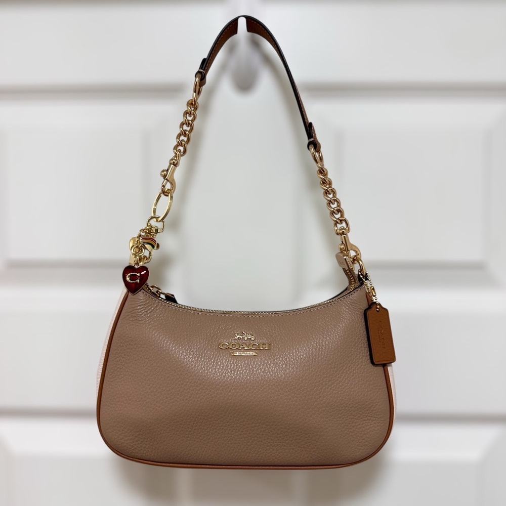 Coach Teri Shoulder Bag Colorblock Gold Taupe Multi Pebbled Leather NWT